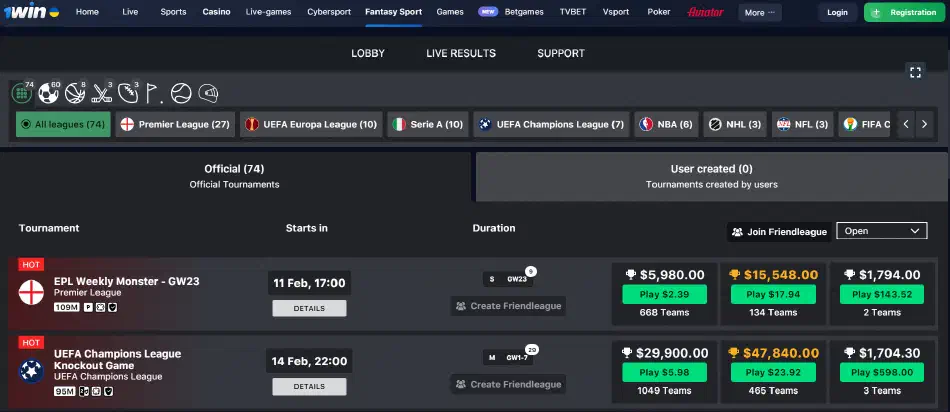 Fantasy sport casino 1win